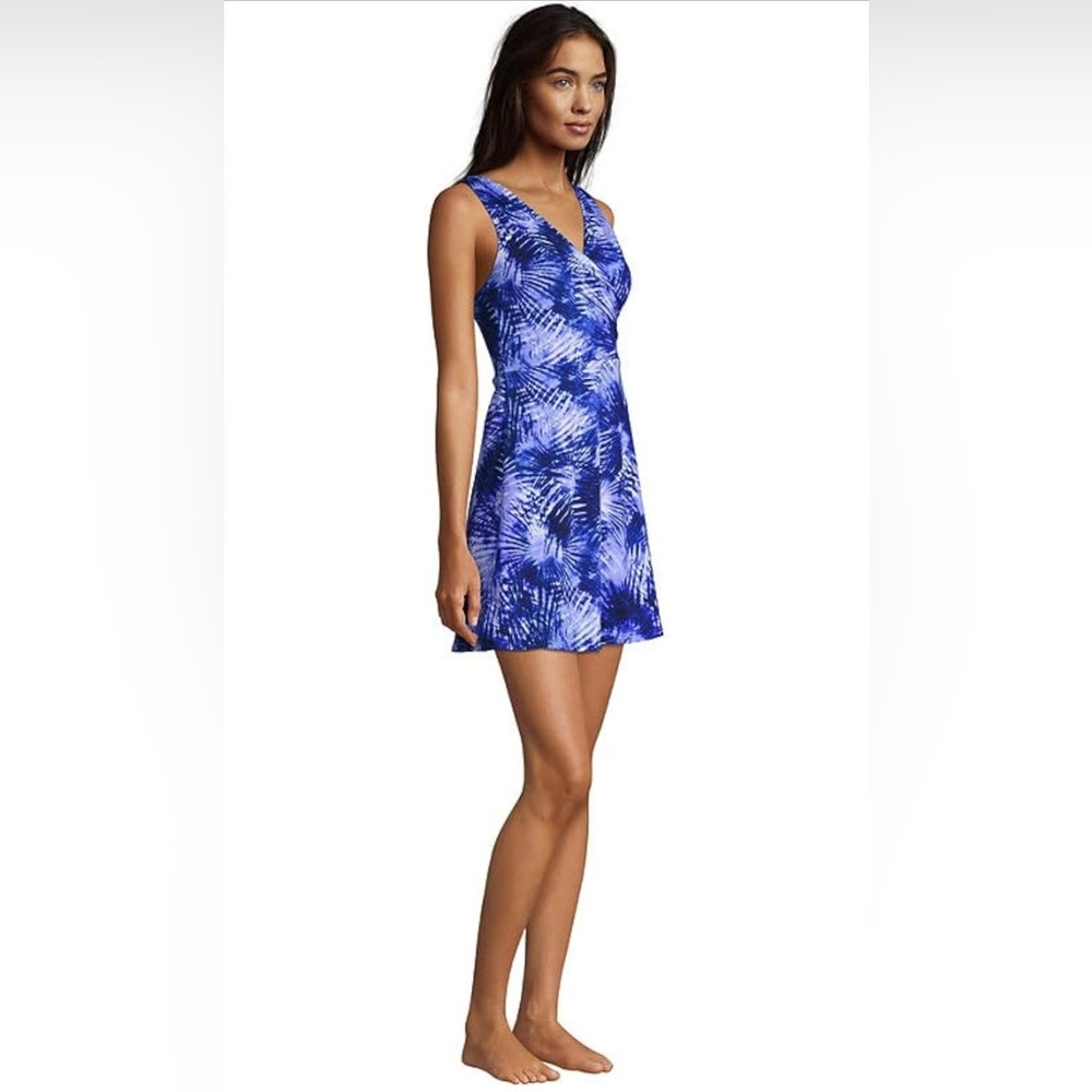 Lands' End Royal Blue & White Palm-Print One-Piece Swim Dress